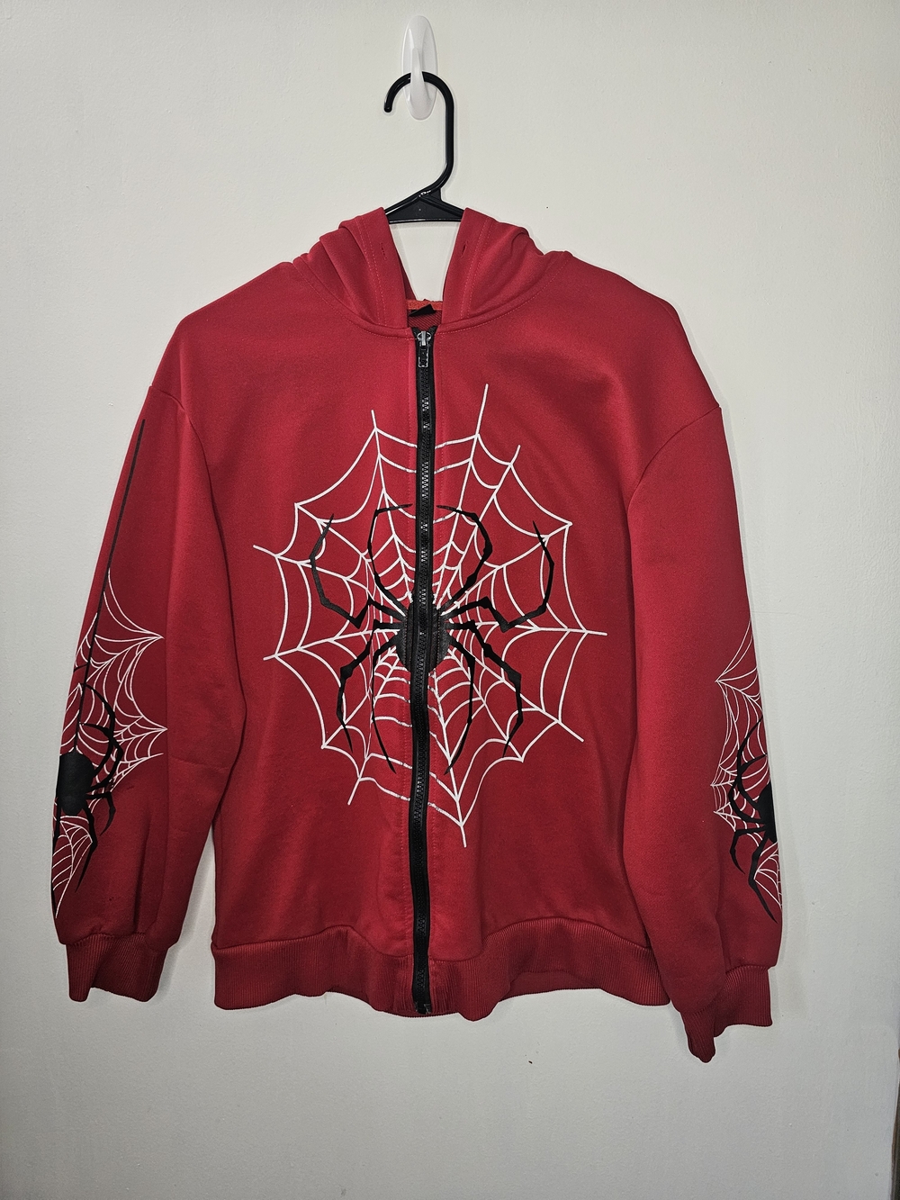 Spiderman Style Web Zip Up Hoodie Red Graphic Hooded Sweatshirt Women's Medium